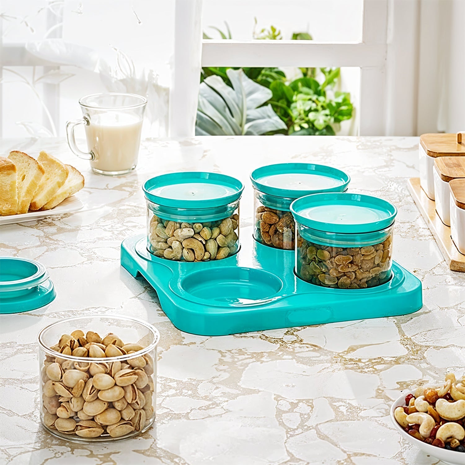 Airtight Container Jar 4 Pc Set With Stylish Tray for Kitchen Unbreakable Jar Set for Multipurpose Storage ( Mukhwas Dani ) Airtight Container Jar 4 Pc Set With Stylish Tray for Kitchen Unbreakable Jar Set for Multipurpose Storage ( Mukhwas Dani )